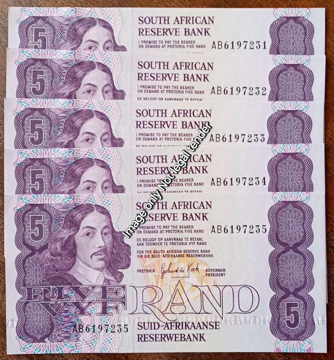 Lot of x10 GPC de Kock 1989 consecutive R5 notes in AU