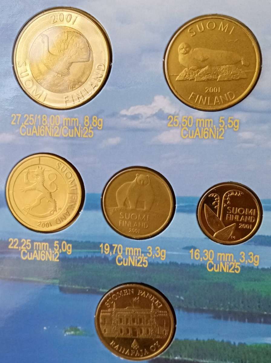 2001/2 Finland last year of the Markka uncirculated coin set plus token