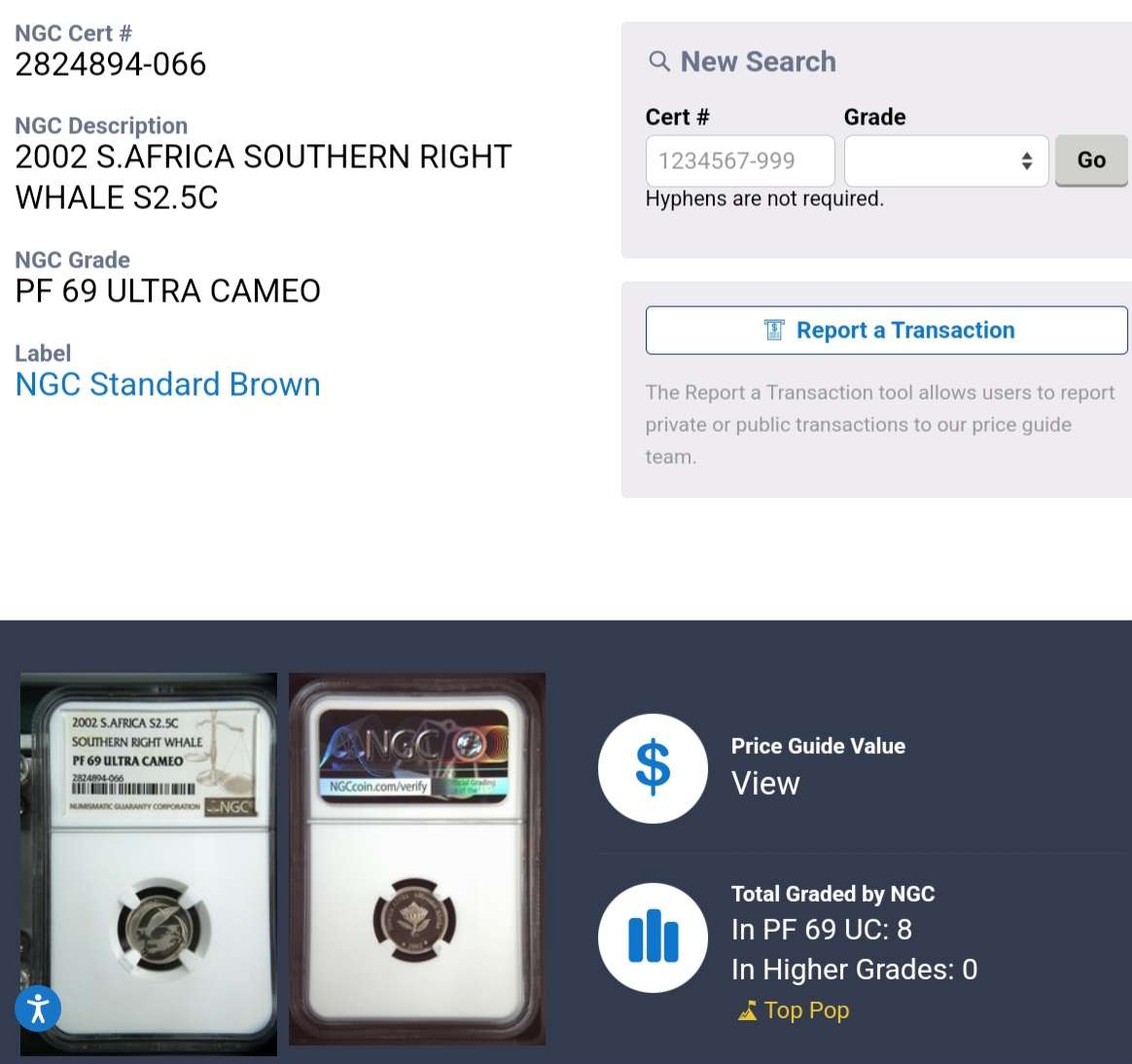 2002 Southern Right Whale proof silver 2 1/2c NGC PF69 Ultra Cameo (Top Pop)