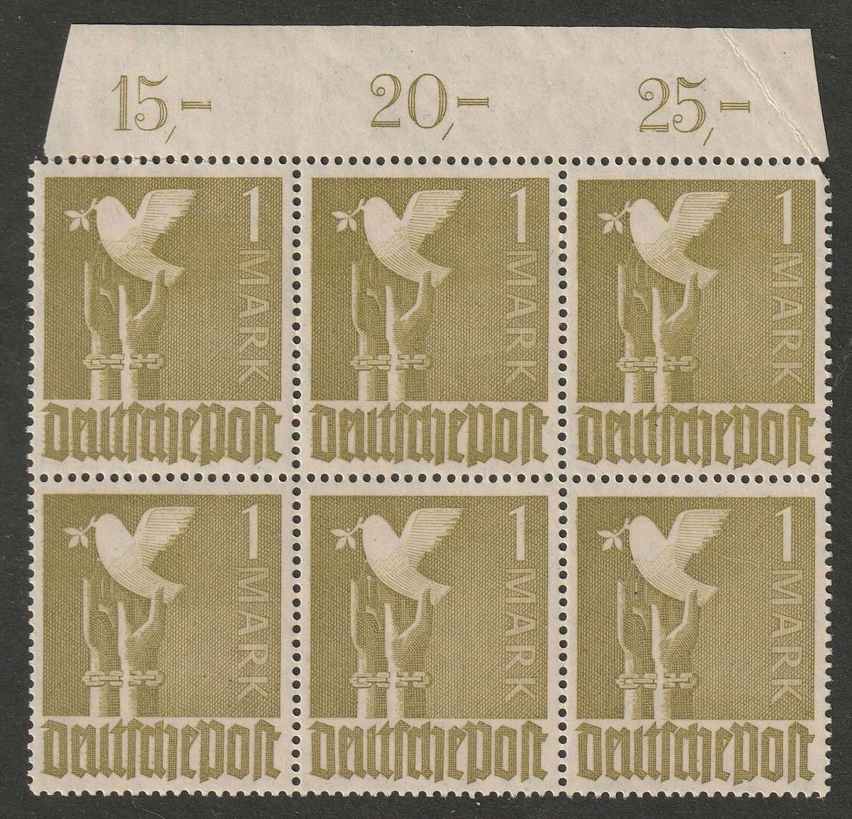 GERMANY - JOINT ALLIED OCCUPATION  1947  1 Mark olive green Top margin block of six **MNH**