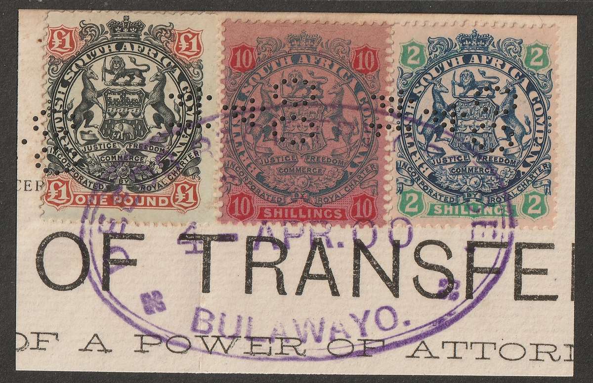 RHODESIA BSAC- REVENUE 1896/1897  Arms Issue  2s,10s and 1 Pound on piece.