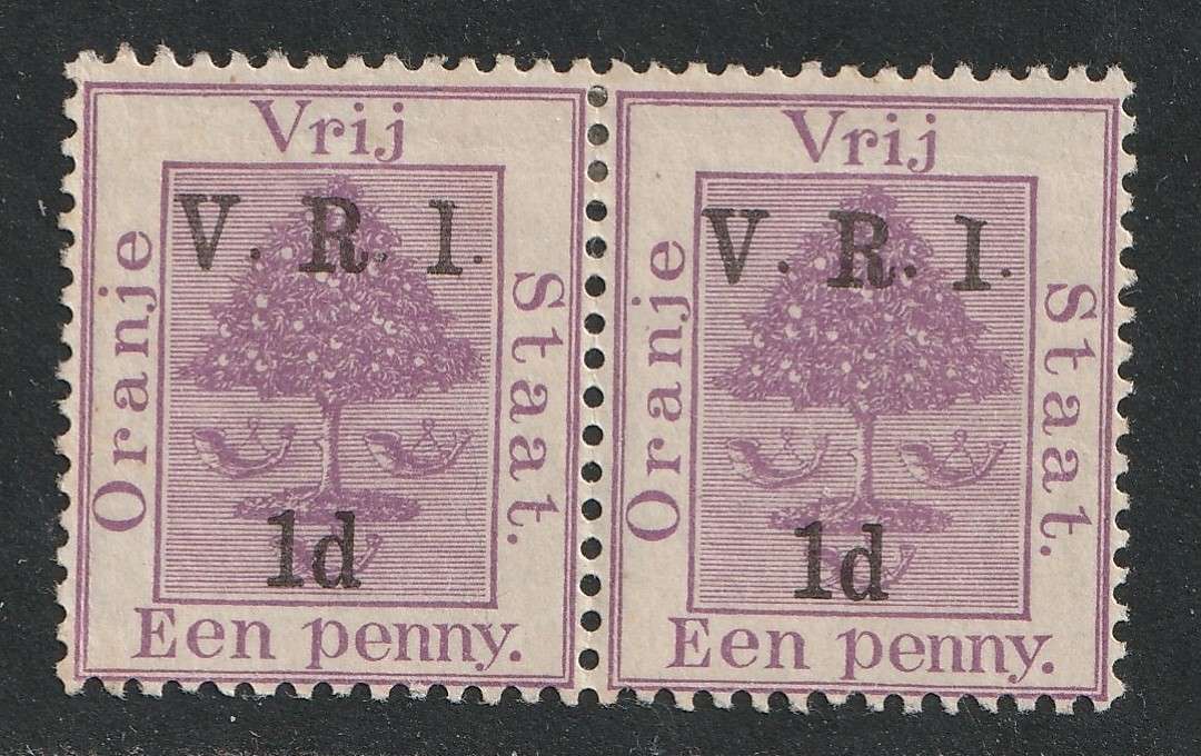 ORANGE FREE STATES - 1900 VRI Overprint Stops raised  1d pair with "Top of I shaved" *MM*