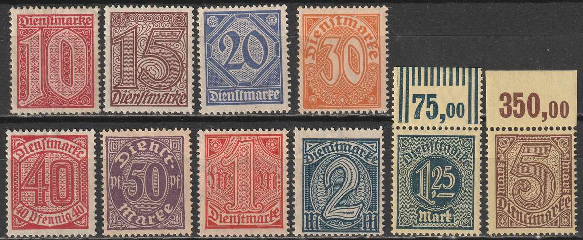 GERMANY - 1920  OFFICIAL  - Value stamps without 21 in corner Part set  *MM*/MNH**