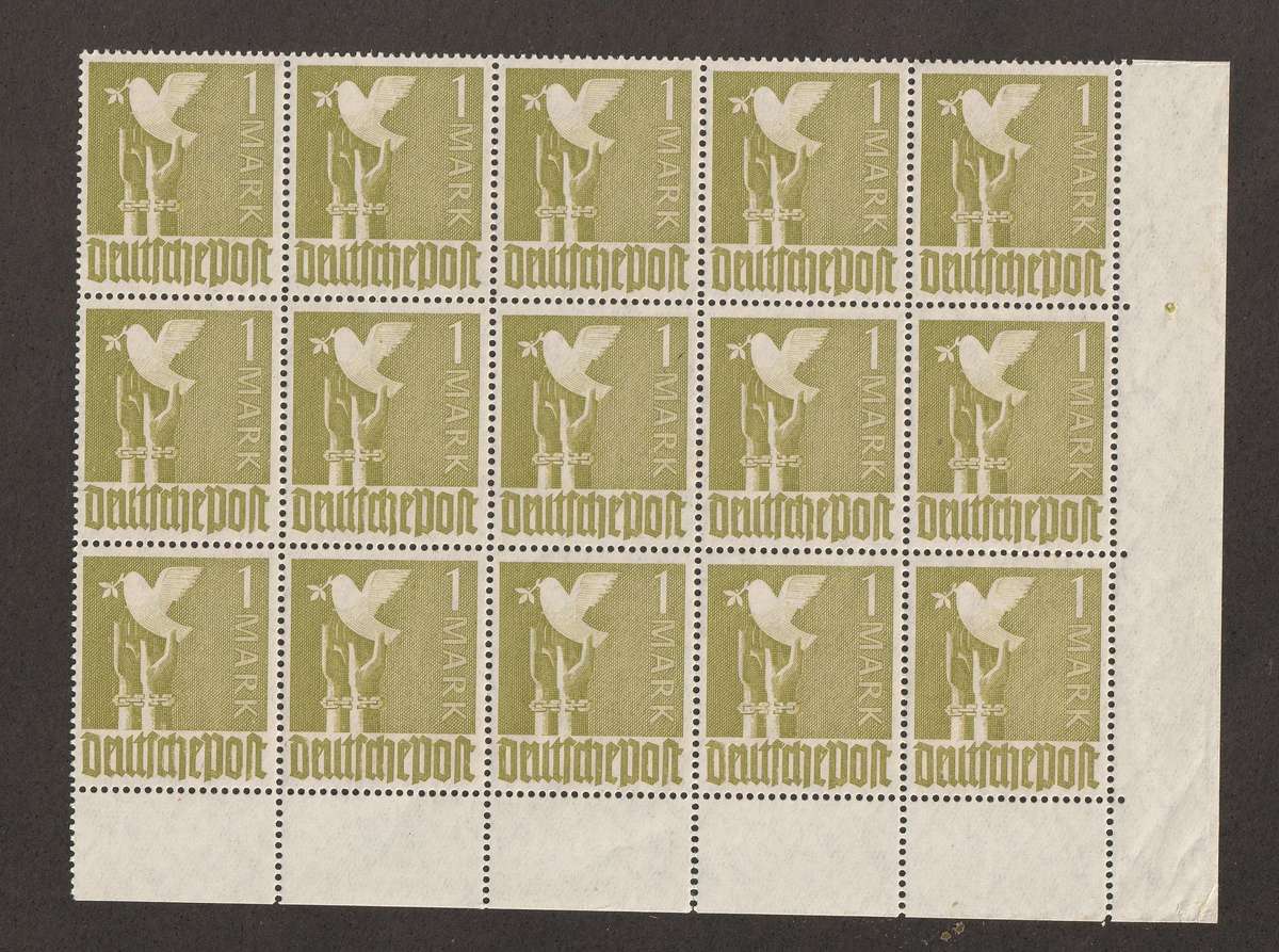 GERMANY - JOINT ALLIED OCCUPATION  1947  1 Mark olive green, bottom marginal block of 15 **MNH**