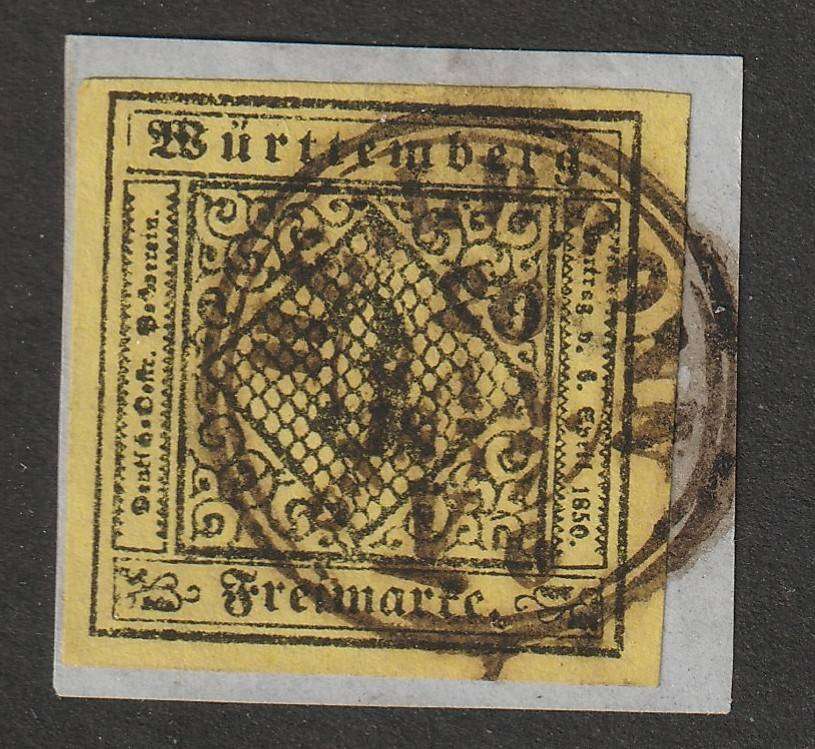 GERMAN STATES - WURTTEMBERG  1851 3kr black on yellow paper, imperforated on piece.