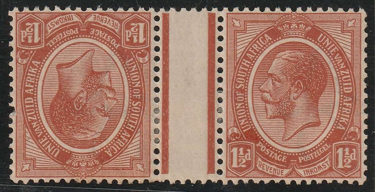SA UNION KINGS HEADS 1913  -  1&1-2d Tete-beche pair with vertical gutter SACC 4c  *MM*