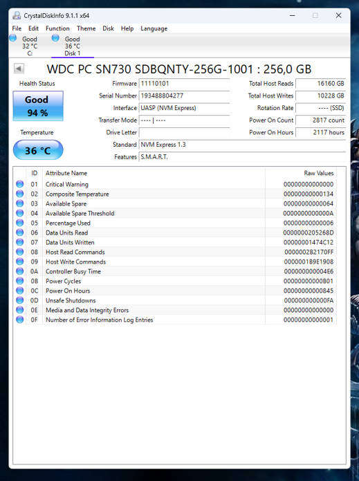 NVMe - 256GB Western Digital