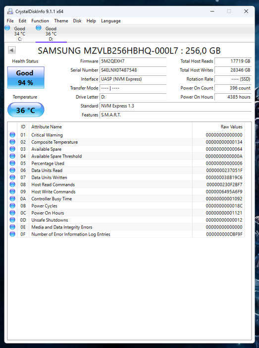 NVMe - 256GB Samsung - MZVLB256HBHQ-000L7