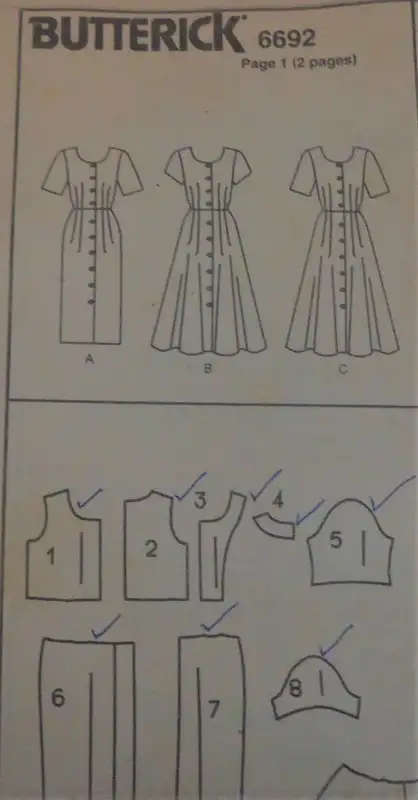 BUTTERICK 6692 FRONT BUTTON DRESS SIZE 12-14-16 COMPLETE - NO COVER SUPPLIED IN ENVEL SEWING PATTERN