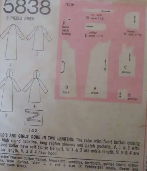 SIMPLICITY 5838 GIRLS ROBE SIZE 8 YEARS COMPLETE-ZIPLOC BAG-  SEWING PATTERN
