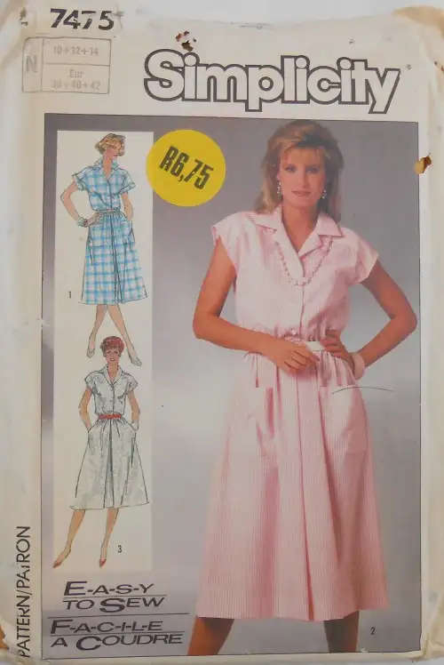 SIMPLICITY 7475 DRESS WITH FRONT BUTTON CLOSING SIZE N 10-12-14 COMPLETE SEWING PATTERN