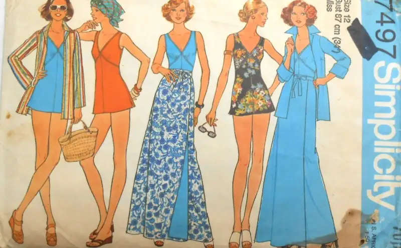 SIMPLICITY 7497 BATHING SUIT-REVERSIBLE FRONT WRAP SKIRT-SHIRT/JACKET SIZE 12 BUST 87 SEWING PATTERN