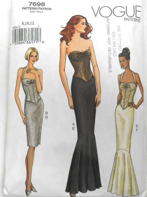 VOGUE 7698 STUNNING TOP & SKIRT SIZE 8-10-12 COMPLETE-CUT TO 12 - CORSET BUSTIER SEWING PATTERN