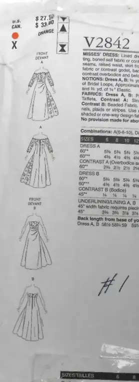 VOGUE V2842 BRIDAL DRESS SIZE 12-14-16 -CUT TO 16 THE SIDE FRONT BODICE IS NOT SUPPLI SEWING PATTERN