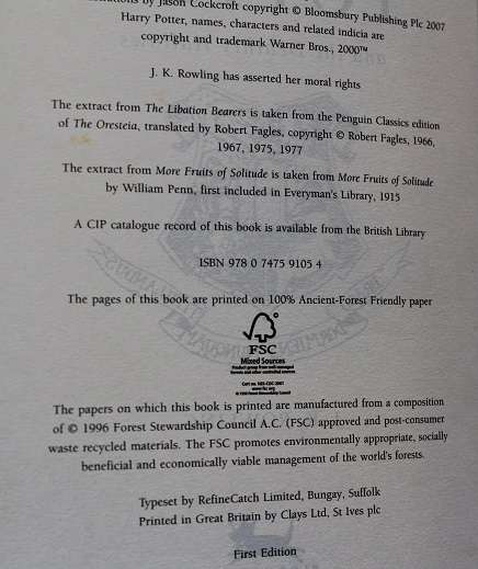 Harry Potter and the Deathly Hallows by J.k. Rowling. First ed. 2007