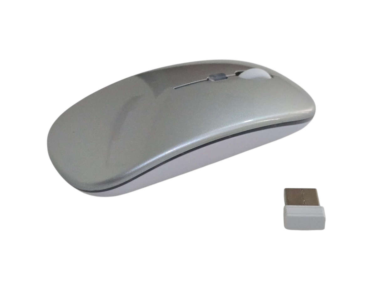 Rechargable LED Illuminated - Gloss Silver Wireless 2.4Ghz Mouse - Soft Touch with USB Receiver