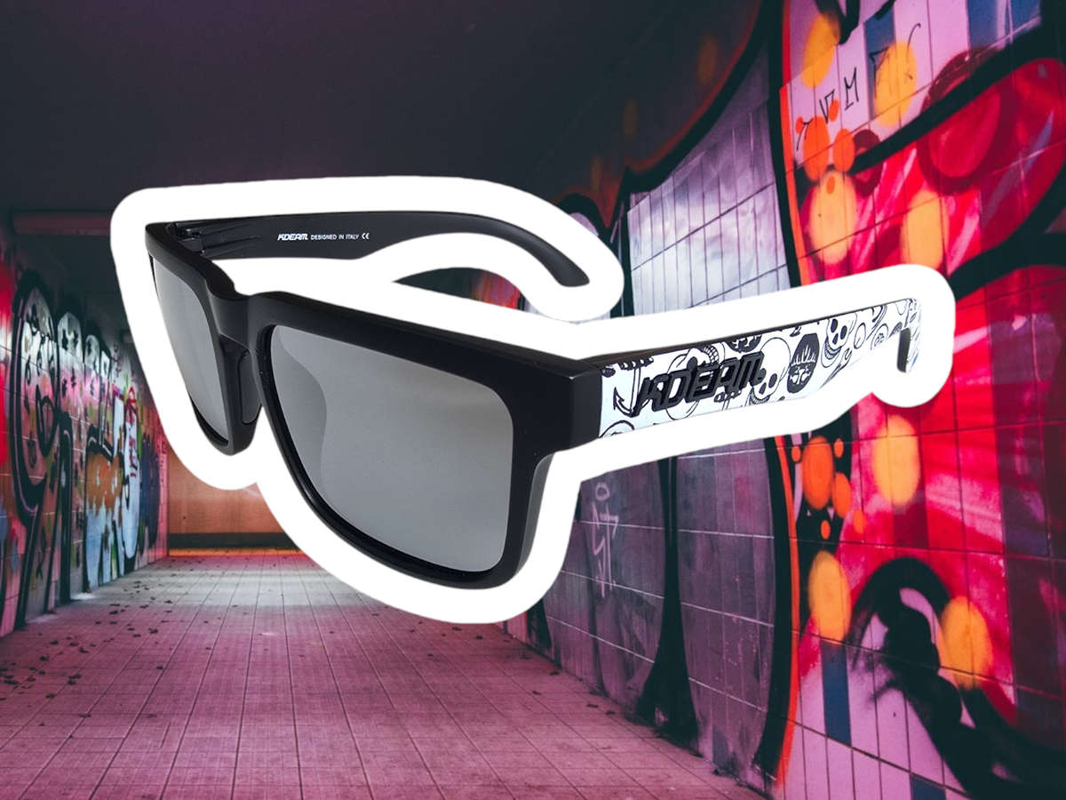 Kdeam High Quality Polarized Classic Square Sunglasses -  Skull Graffiti - Silver Mirror Lenses