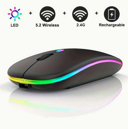 Black Wireless 2.4Ghz Mouse - Rechargable - Soft Touch LED Illuminated with USB Receiver