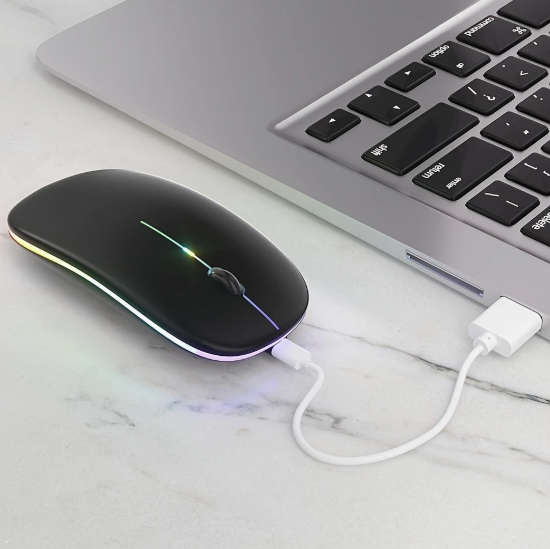 Rechargable LED Illuminated - Gloss Silver Wireless 2.4Ghz Mouse - Soft Touch with USB Receiver