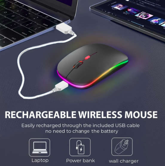 Rechargable LED Illuminated - Gloss Silver Wireless 2.4Ghz Mouse - Soft Touch with USB Receiver