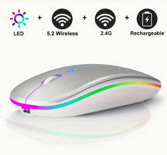 Rechargable LED Illuminated - Gloss Silver Wireless 2.4Ghz Mouse - Soft Touch with USB Receiver