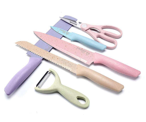 Elegant Pastel coloured Knife Set 6 Pc With Soft Touch Handles - Non-Stick