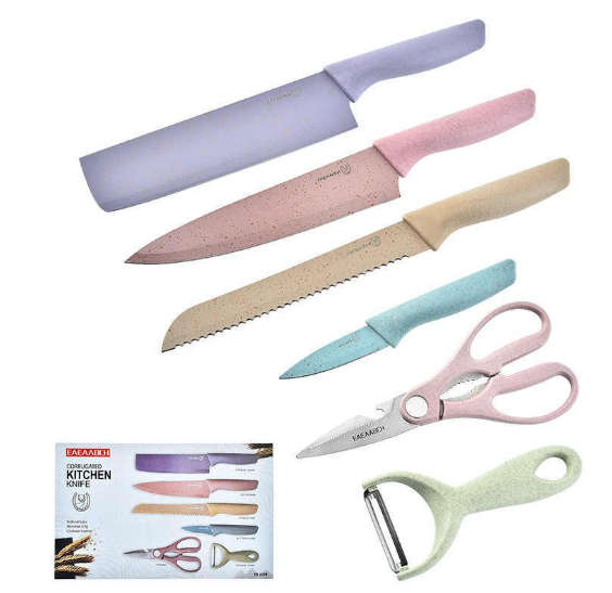 Elegant Pastel coloured Knife Set 6 Pc With Soft Touch Handles - Non-Stick