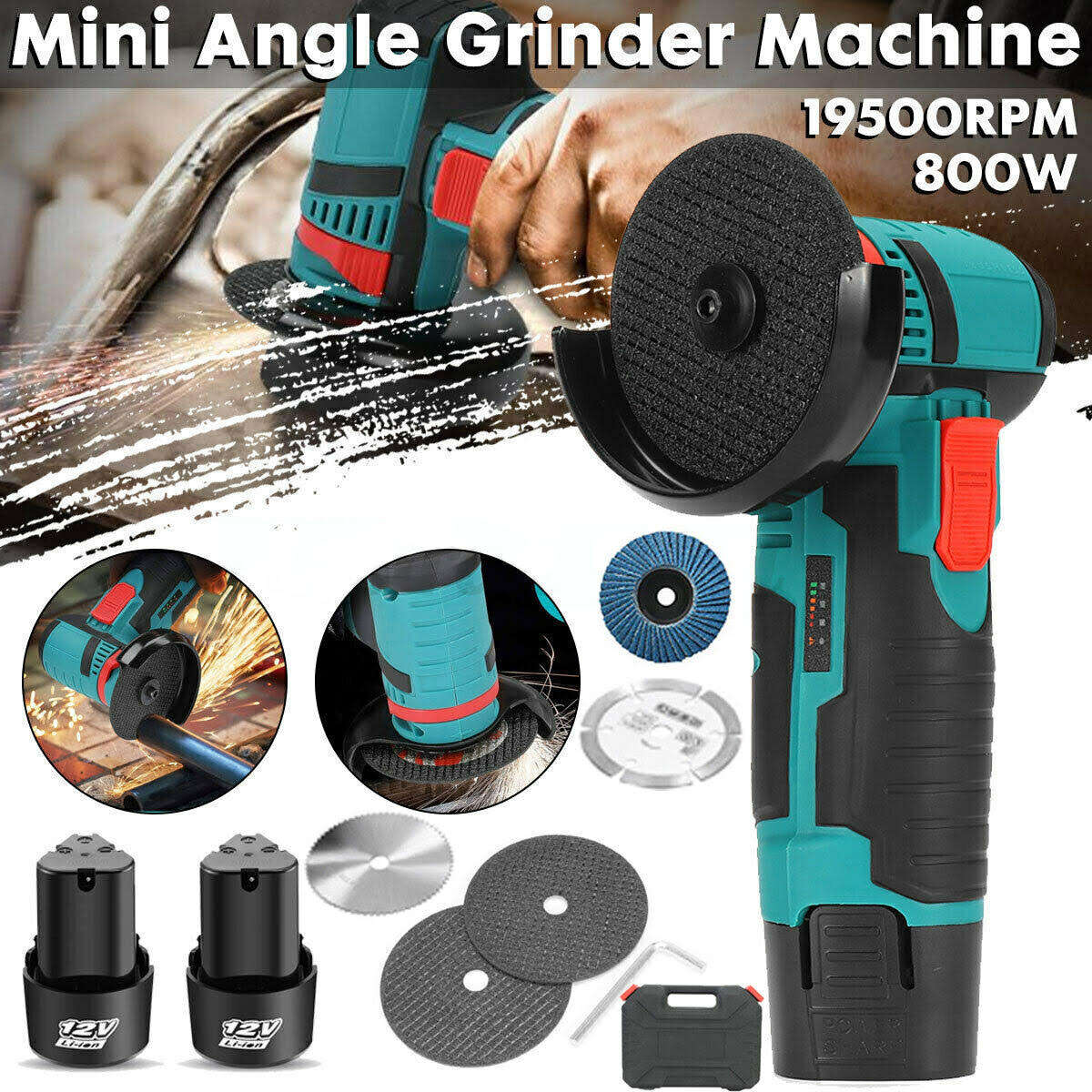 12V High Power Rechargeable Cordless Angle Grinder with 2 Batteries
