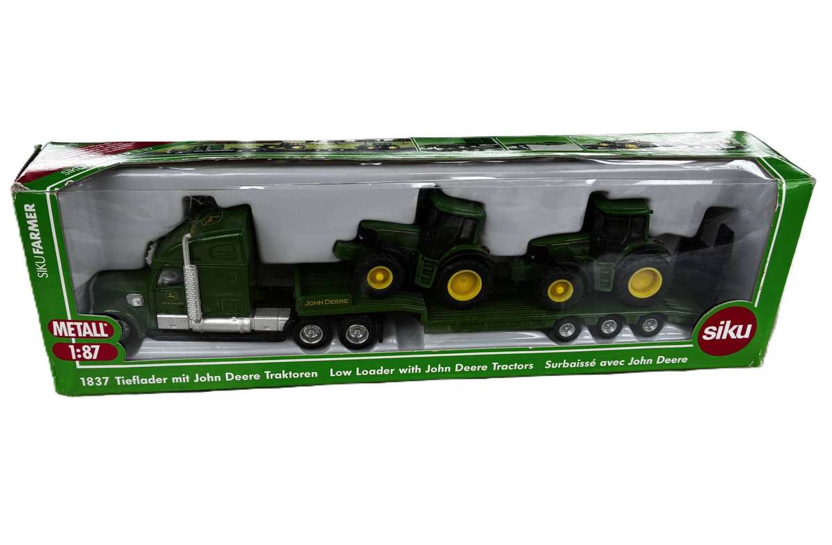SIKU Diecast Model 1837 Lowbed with 2 x John Deere Tractors 1:87 Scale