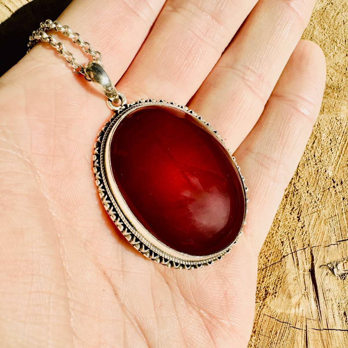 LARGE NATURAL CARNELIAN GEMSTONE SOLID STERLING SILVER PENDANT NECKLACE on LONG THICK STERLING CHAIN
