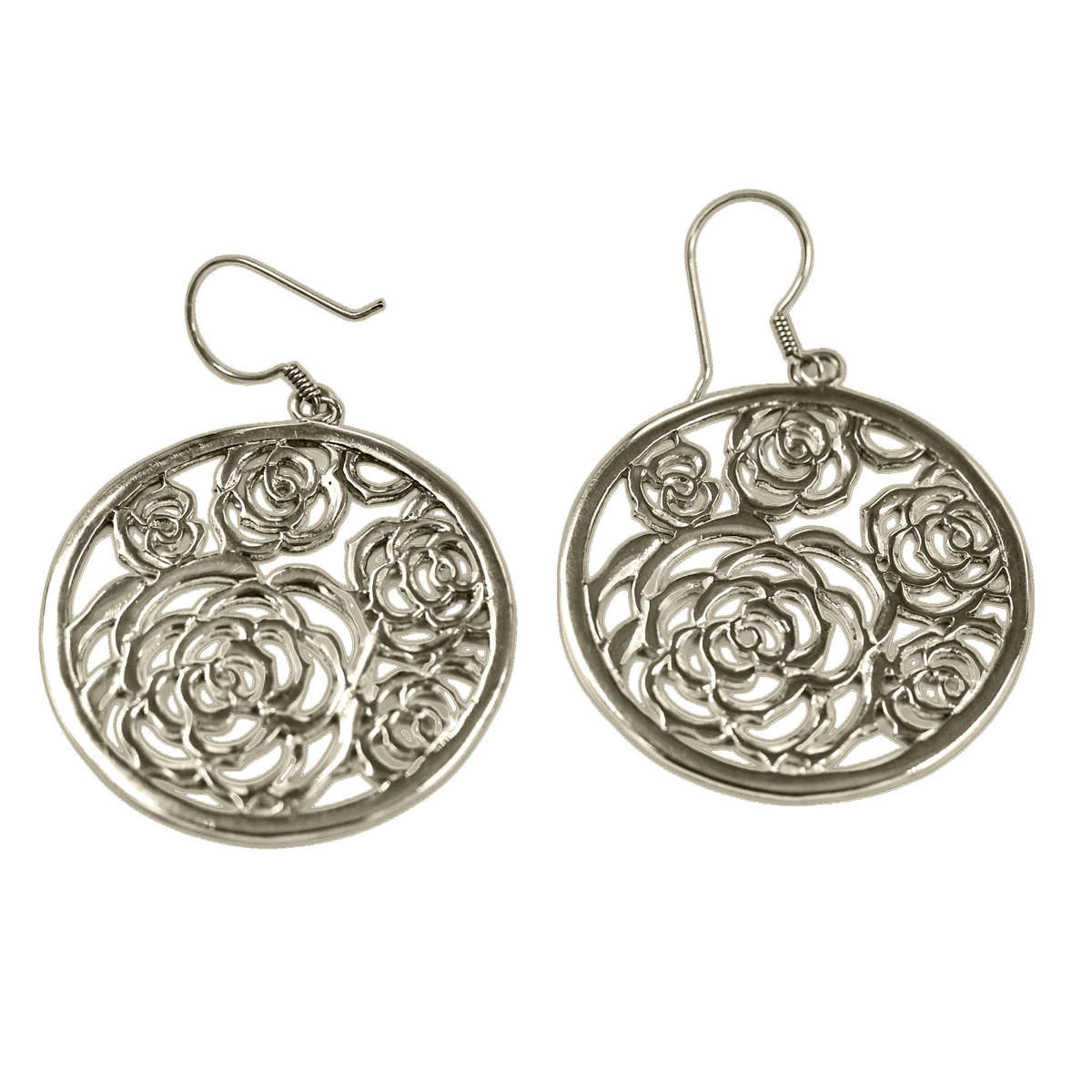 LARGE, SHOWY ROSE DETAIL OPENWORK SOLID STERLING SILVER DROP & DANGLE EARRINGS. 925