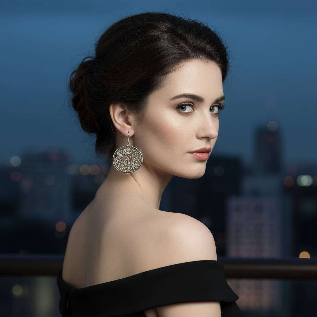 LARGE, SHOWY ROSE DETAIL OPENWORK SOLID STERLING SILVER DROP & DANGLE EARRINGS. 925