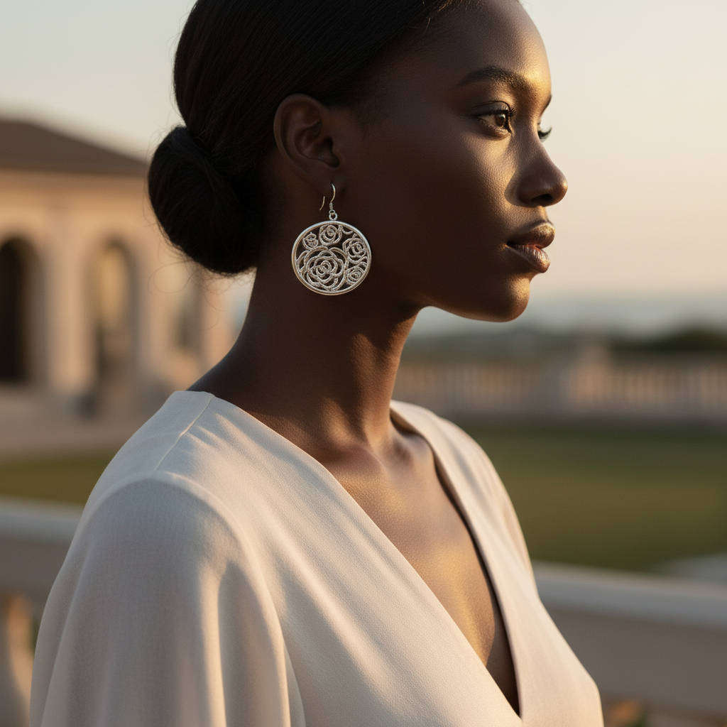 LARGE, SHOWY ROSE DETAIL OPENWORK SOLID STERLING SILVER DROP & DANGLE EARRINGS. 925
