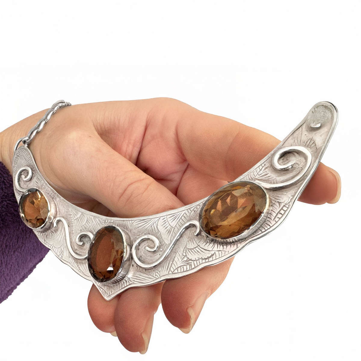 HANDCRAFTED SOLID STERLING SILVER HEAVY 73g CHEVRON NECKLACE WITH NATURAL SMOKY QUARTZ GEMSTONES