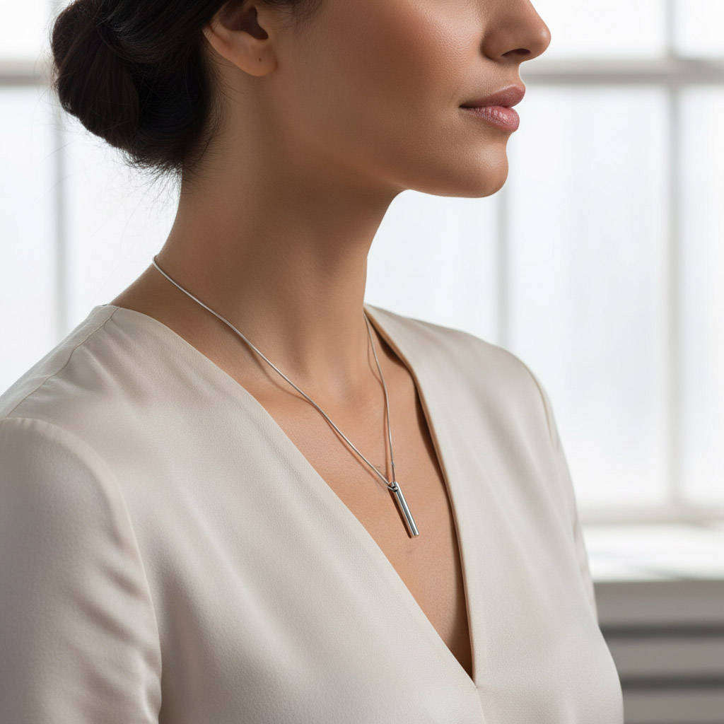 SOLID STERLING SILVER MODERN PENDANT NECKLACE on STERLING SILVER `LIQUID LINK` CHAIN