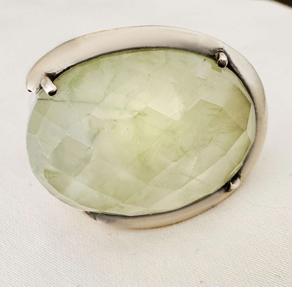 LARGE NATURAL EARTH-MINED PREHNITE SOLID STERLING SILVER RING. Beautiful Natural Inclusions