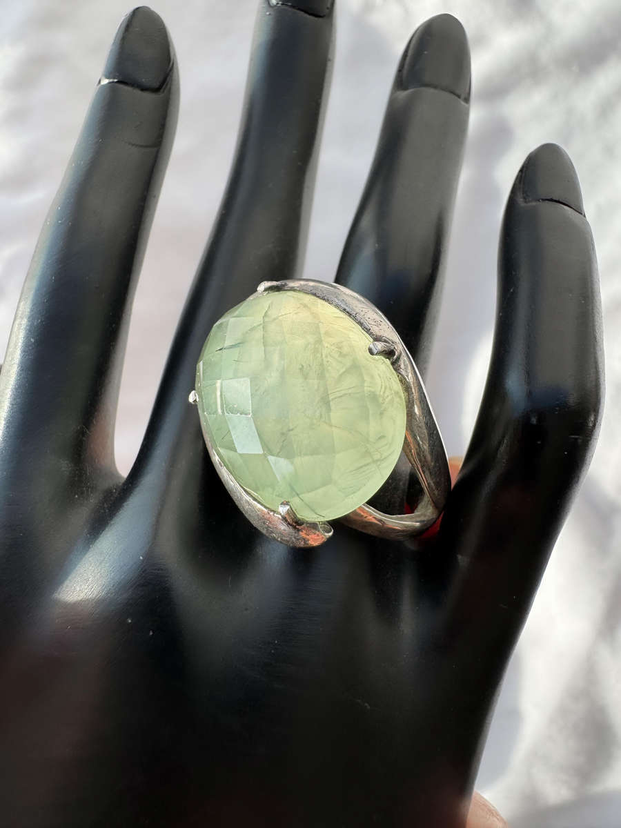 LARGE NATURAL EARTH-MINED PREHNITE SOLID STERLING SILVER RING. Beautiful Natural Inclusions