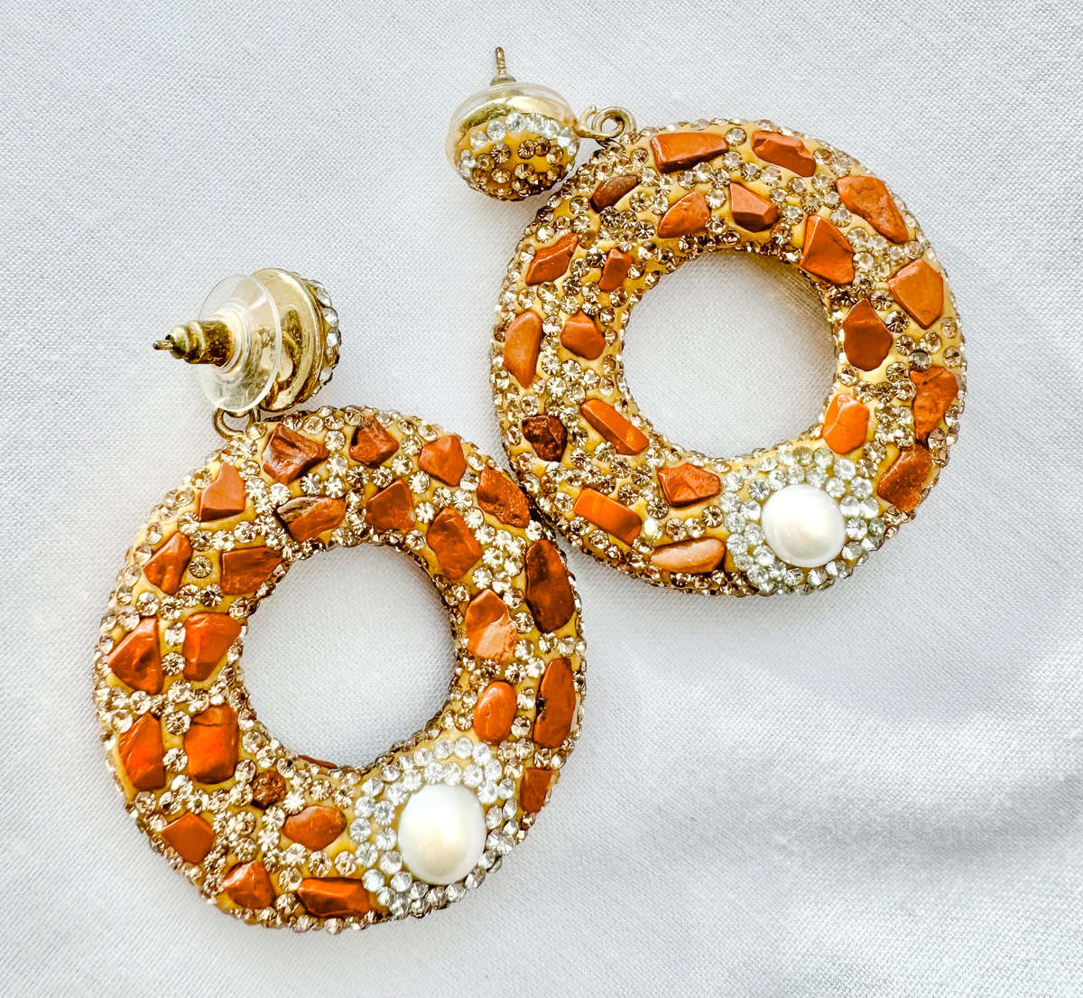 HANDCRAFTED LARGE HOOPED FUN & FASHIONABLE METAL & GILD EARRINGS. NATURAL JASPER GEMSTONES.