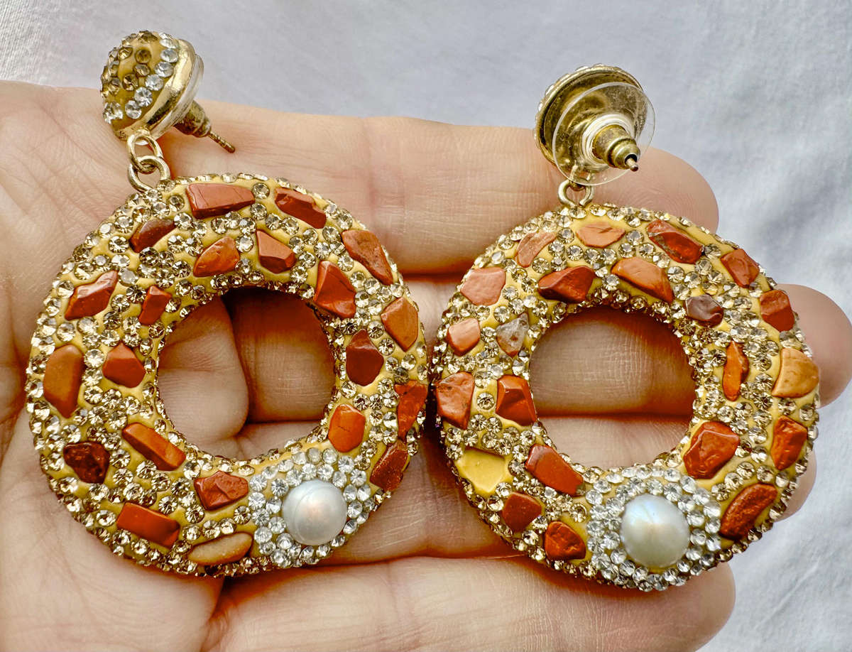 HANDCRAFTED LARGE HOOPED FUN & FASHIONABLE METAL & GILD EARRINGS. NATURAL JASPER GEMSTONES.