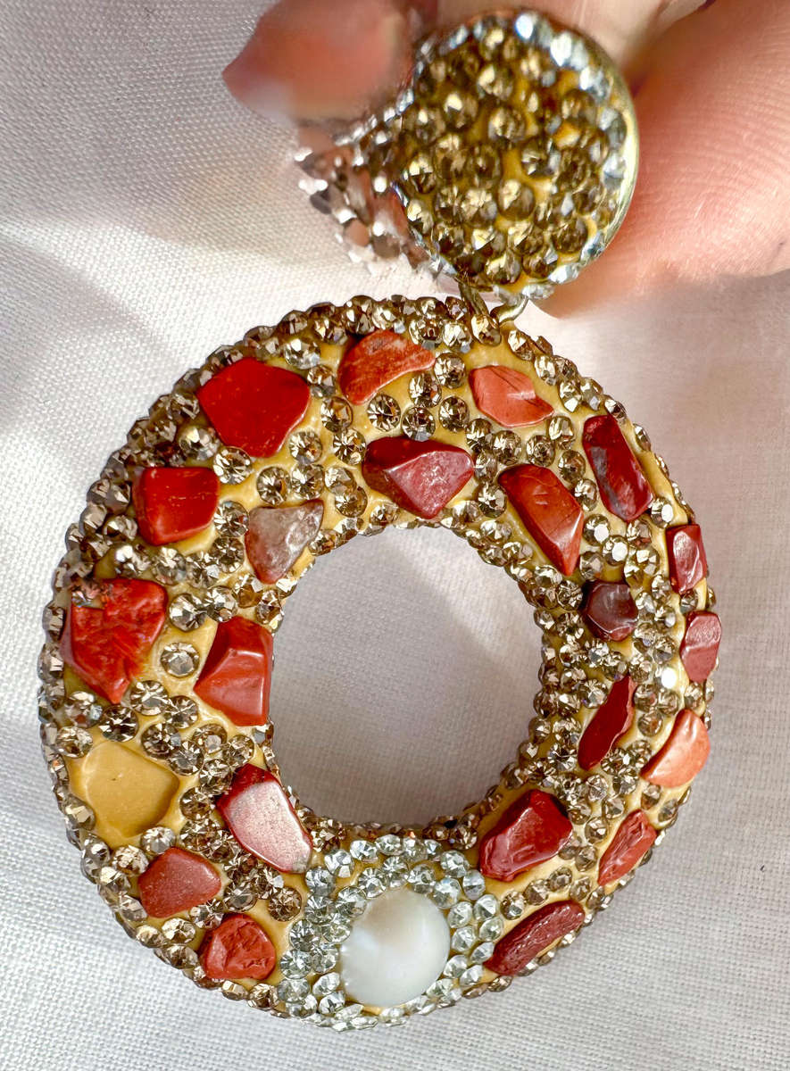 HANDCRAFTED LARGE HOOPED FUN & FASHIONABLE METAL & GILD EARRINGS. NATURAL JASPER GEMSTONES.