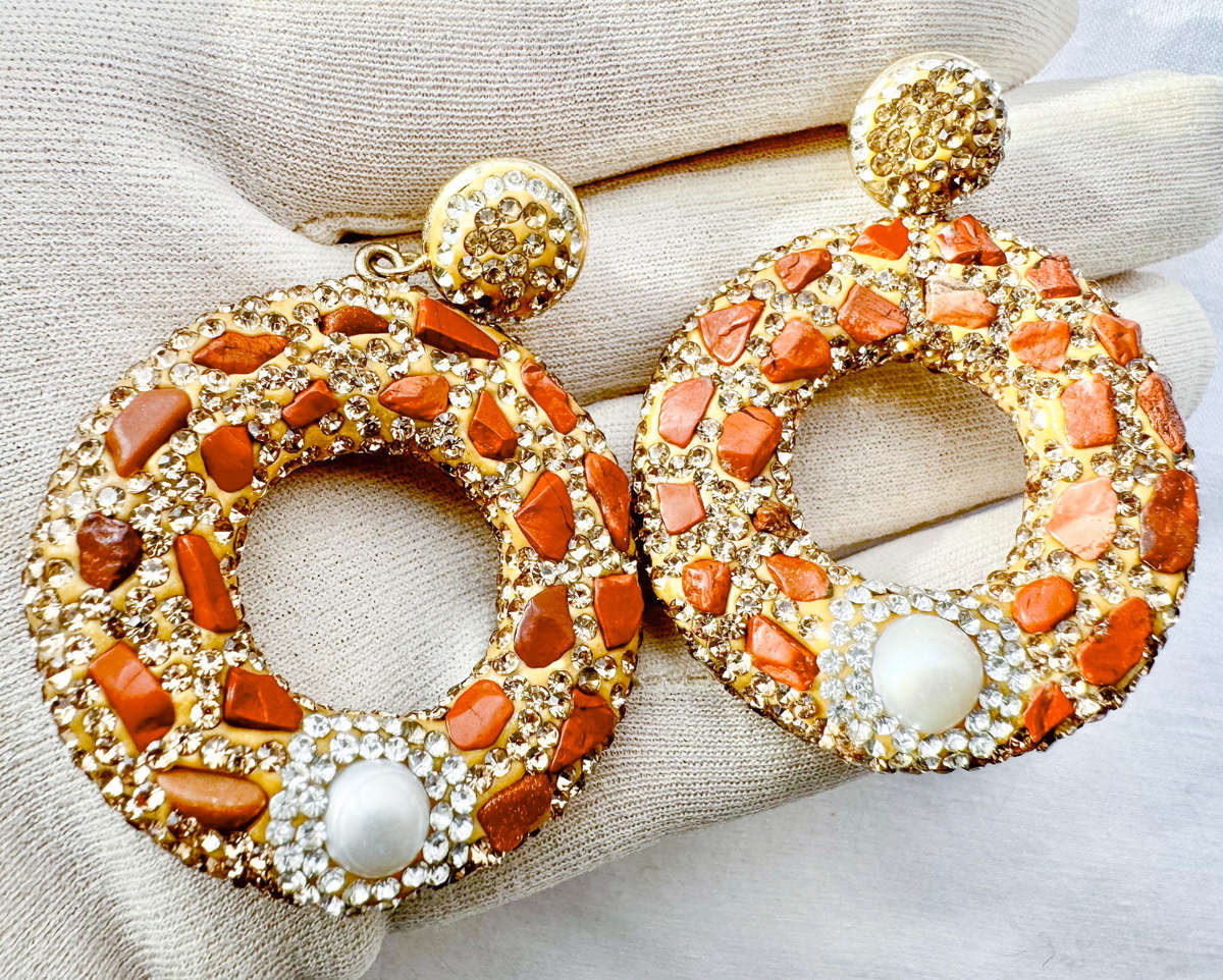 HANDCRAFTED LARGE HOOPED FUN & FASHIONABLE METAL & GILD EARRINGS. NATURAL JASPER GEMSTONES.