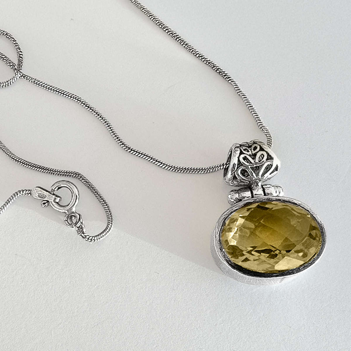 SOLID STERLING SILVER NATURAL EARTH-MINED 13,2ct CITRINE PENDANT NECKLACE 60CM LONG SNAKE CHAIN