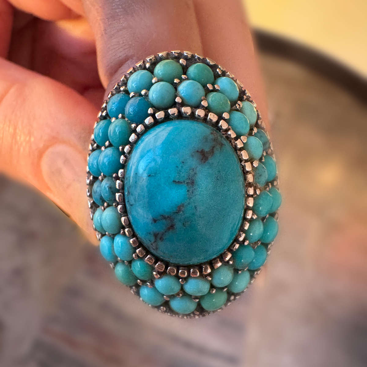 LARGE NAVAJO TURQUOISE SOLID STERLING SILVER RING - SOUTH AMERICAN