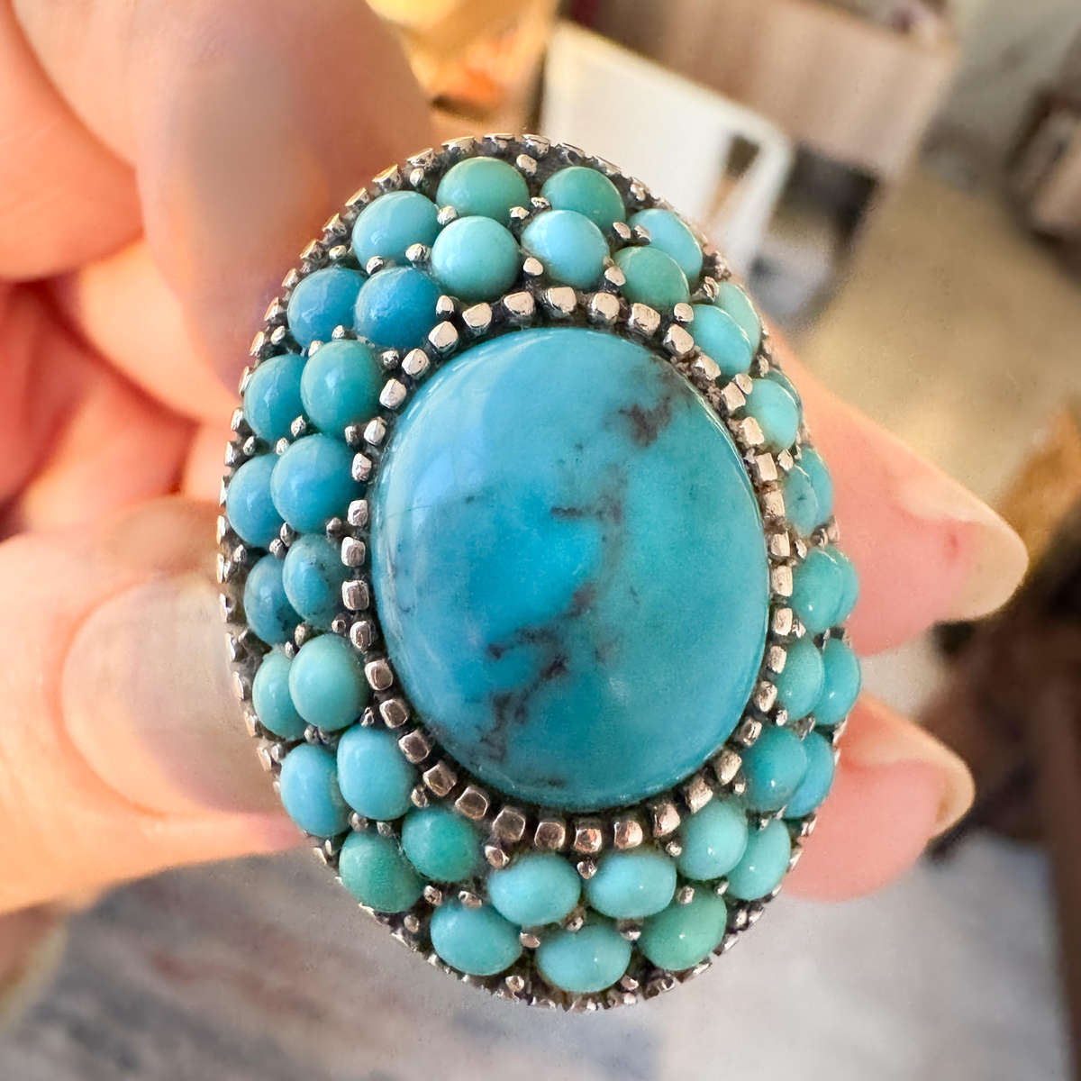 LARGE NAVAJO TURQUOISE SOLID STERLING SILVER RING - SOUTH AMERICAN