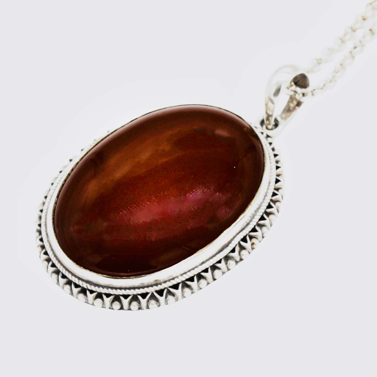 LARGE NATURAL CARNELIAN GEMSTONE SOLID STERLING SILVER PENDANT NECKLACE on LONG THICK STERLING CHAIN