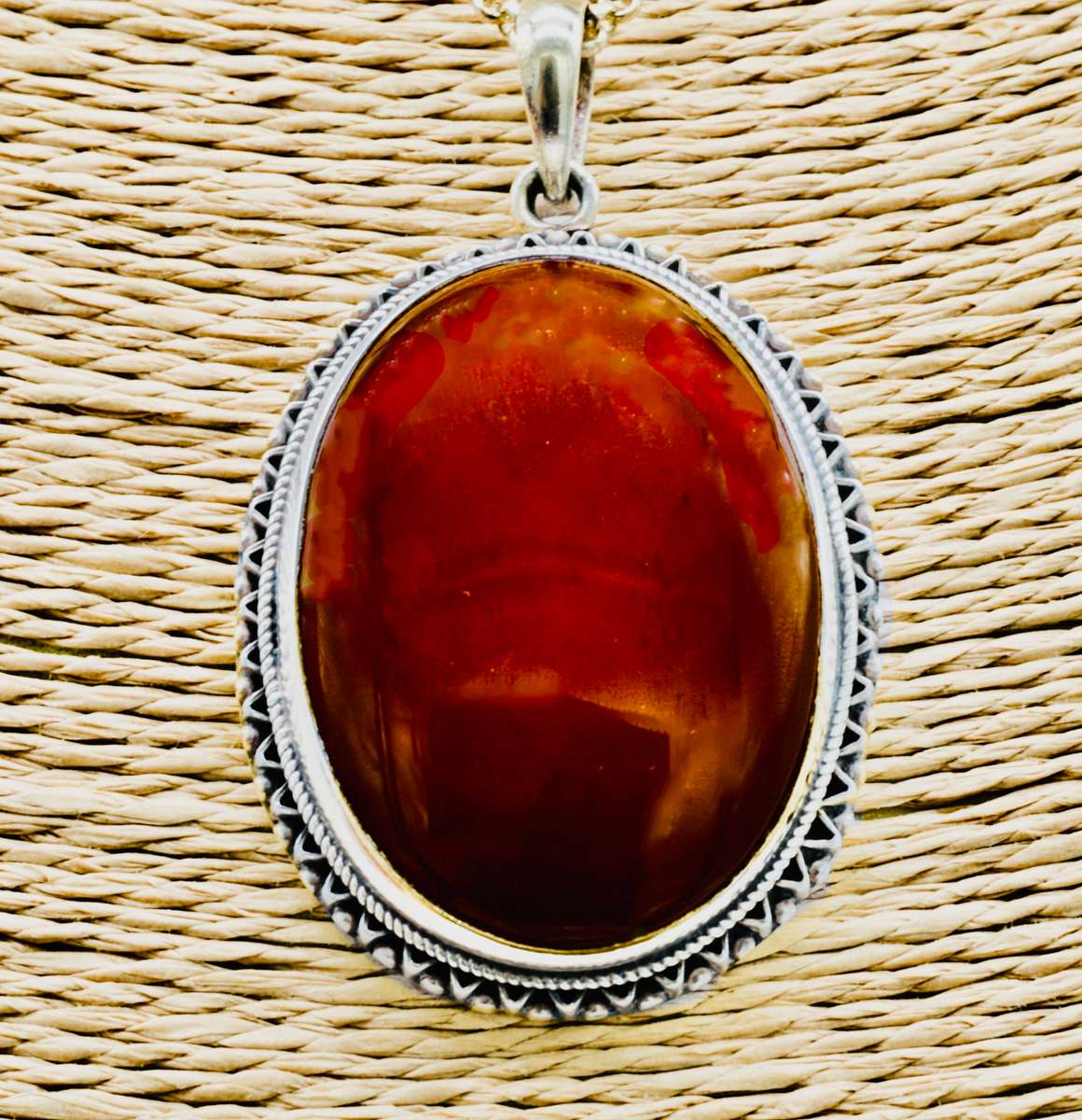 LARGE NATURAL CARNELIAN GEMSTONE SOLID STERLING SILVER PENDANT NECKLACE on LONG THICK STERLING CHAIN
