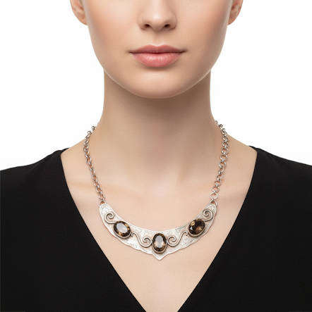 HANDCRAFTED SOLID STERLING SILVER HEAVY 73g CHEVRON NECKLACE WITH NATURAL SMOKY QUARTZ GEMSTONES