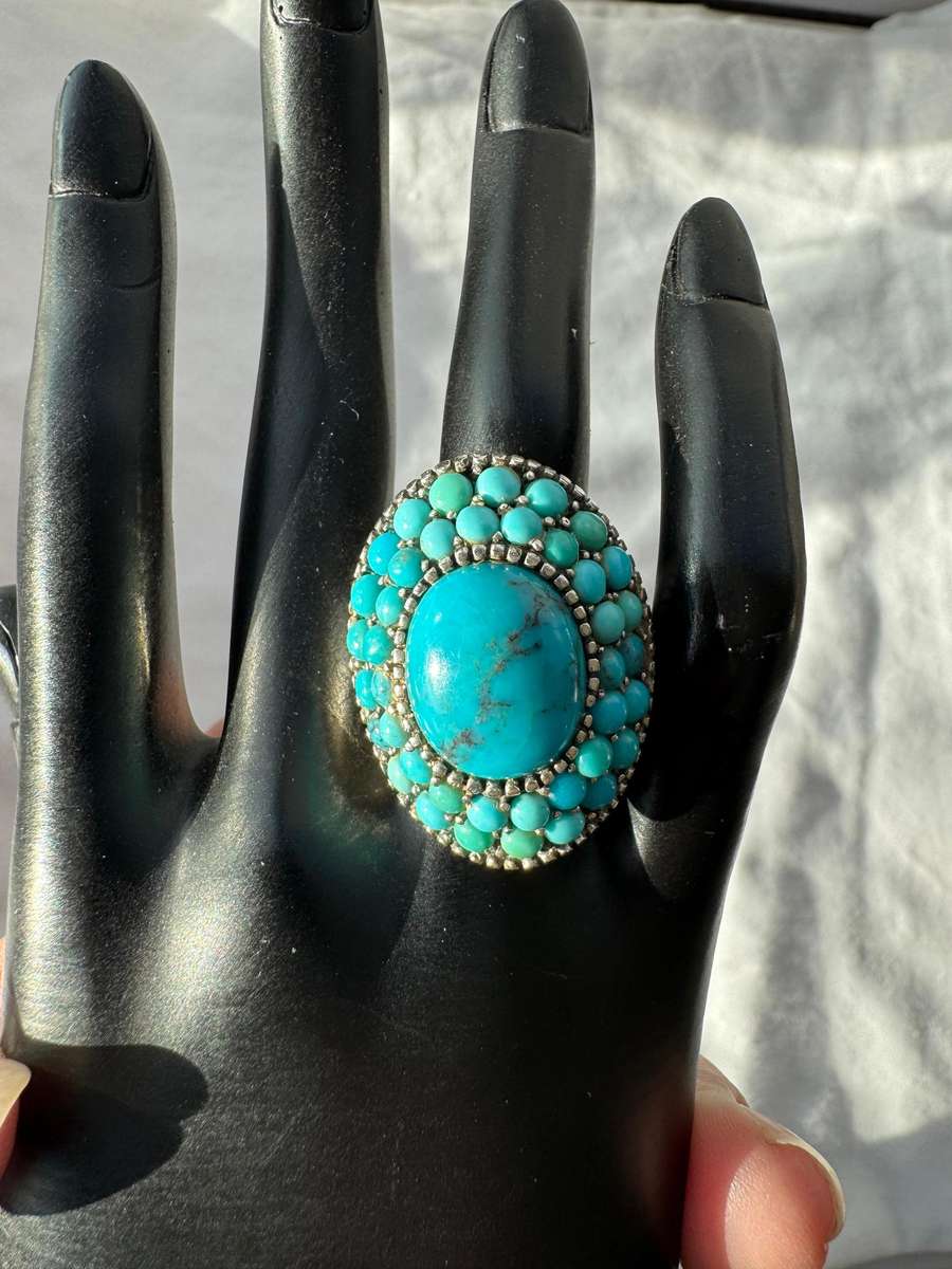 LARGE NAVAJO TURQUOISE SOLID STERLING SILVER RING - SOUTH AMERICAN
