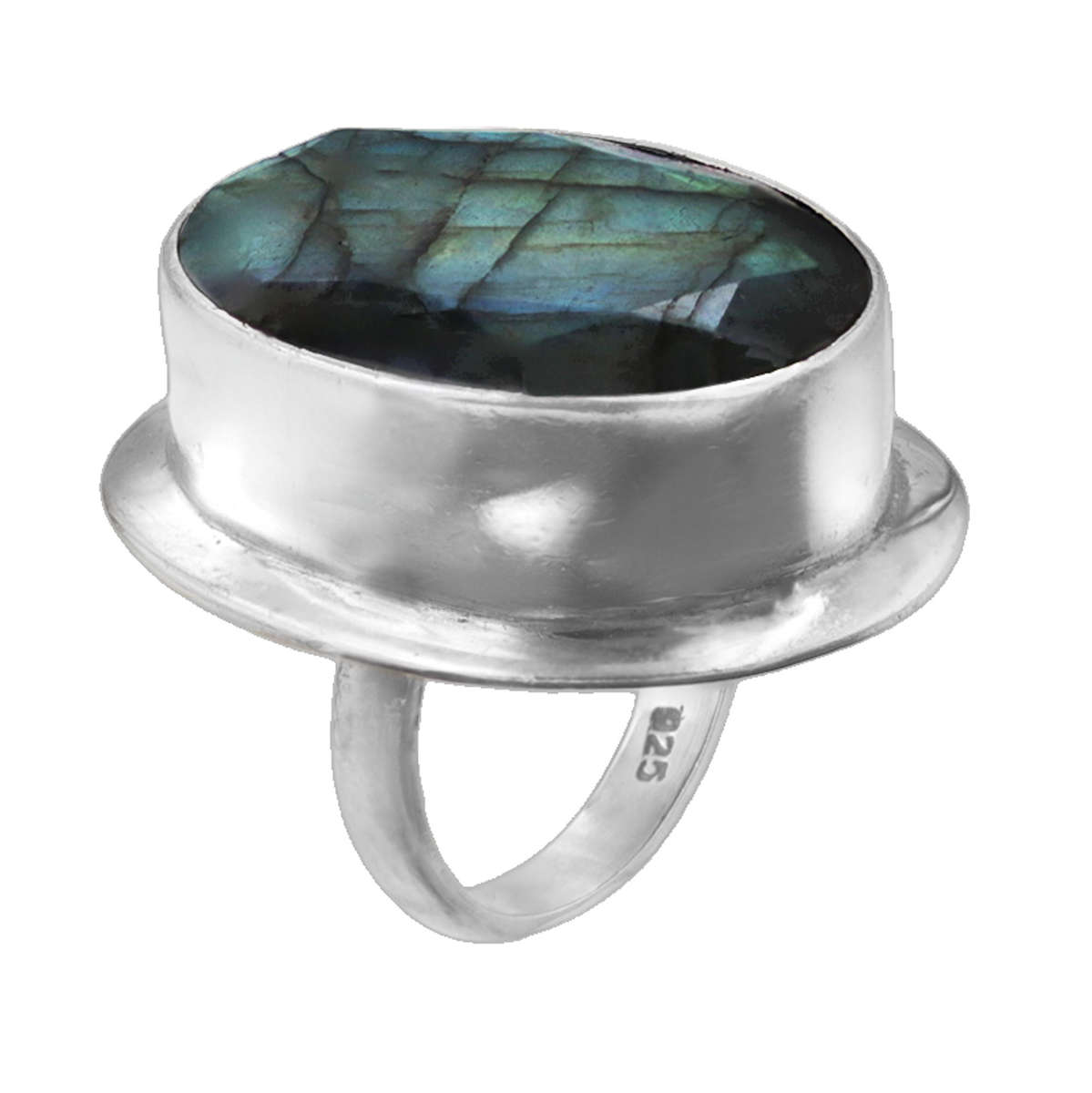 LARGE NATURAL EARTH-MINED LABRADORITE SOLID STERLING SILVER RING - BEAUTIFUL BLUE IRIDESCENCE