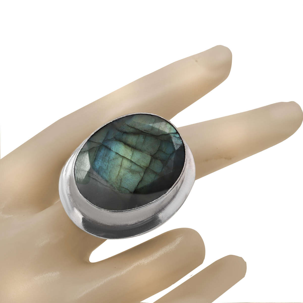 LARGE NATURAL EARTH-MINED LABRADORITE SOLID STERLING SILVER RING - BEAUTIFUL BLUE IRIDESCENCE